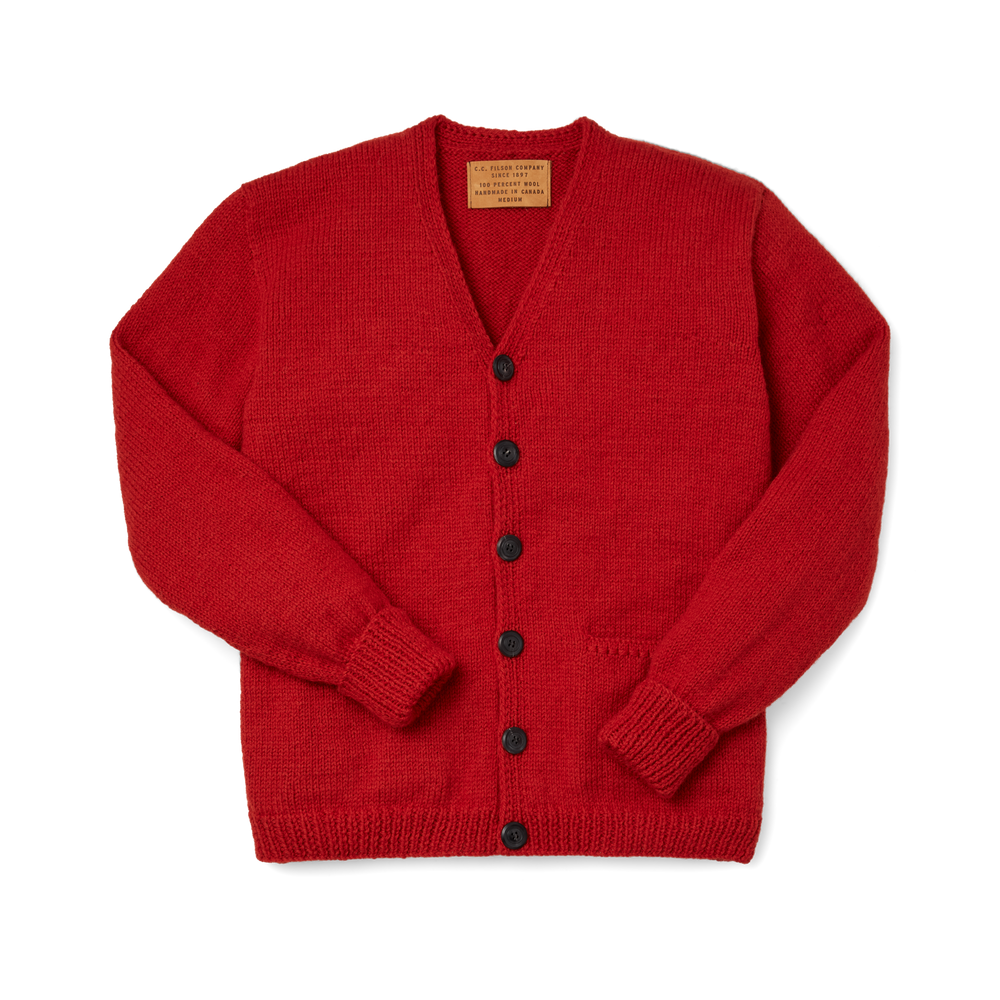 Front-facing image of the Filson Handmade Lightweight Mckinley Cardigan  - Red