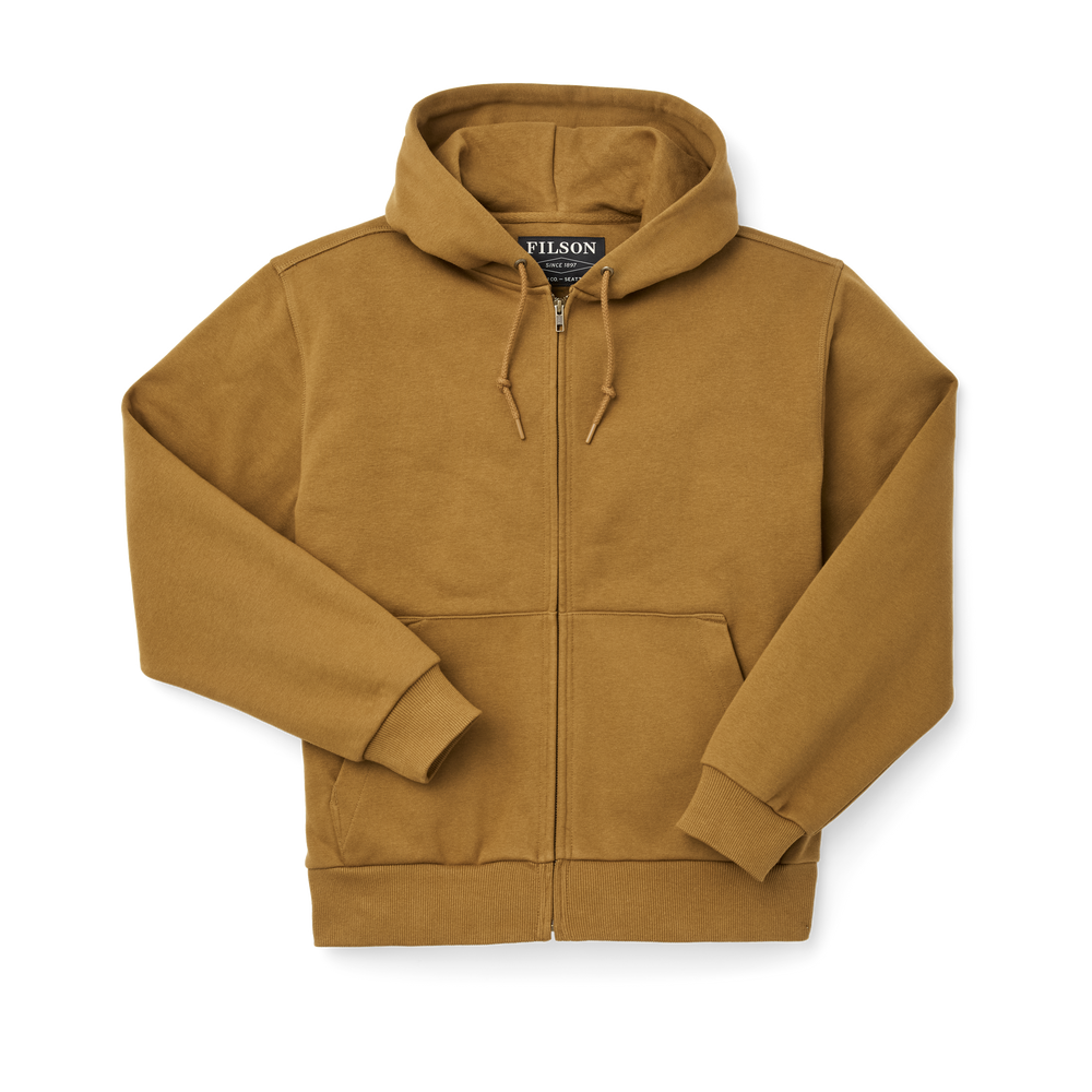 main image of filson's prospector full-zip hoodie, a men's zip up knit shirt constructed in cotton, shown in gold ochre