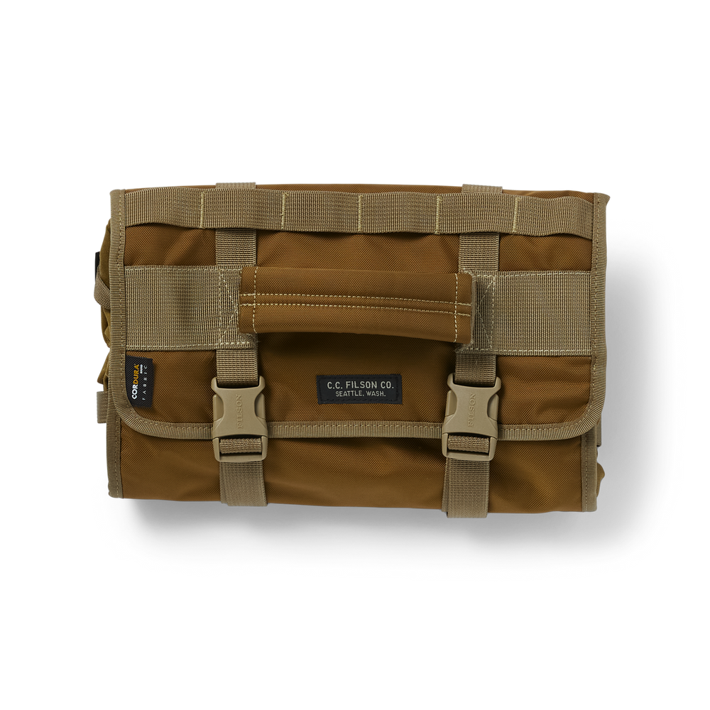 Front-facing image of the Filson Alcan Tin Cloth Tool Rool - Dark Tan