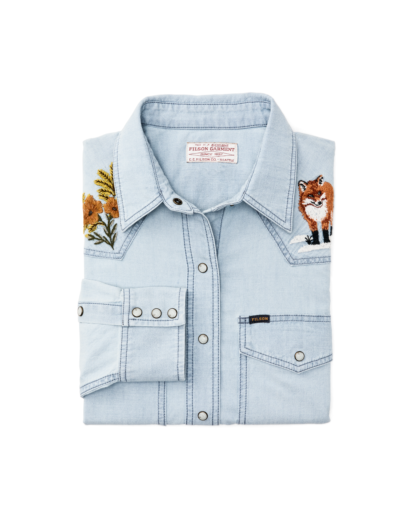 Women's Embroidered Western Shirt - Light Indigo Chambray / Fields
