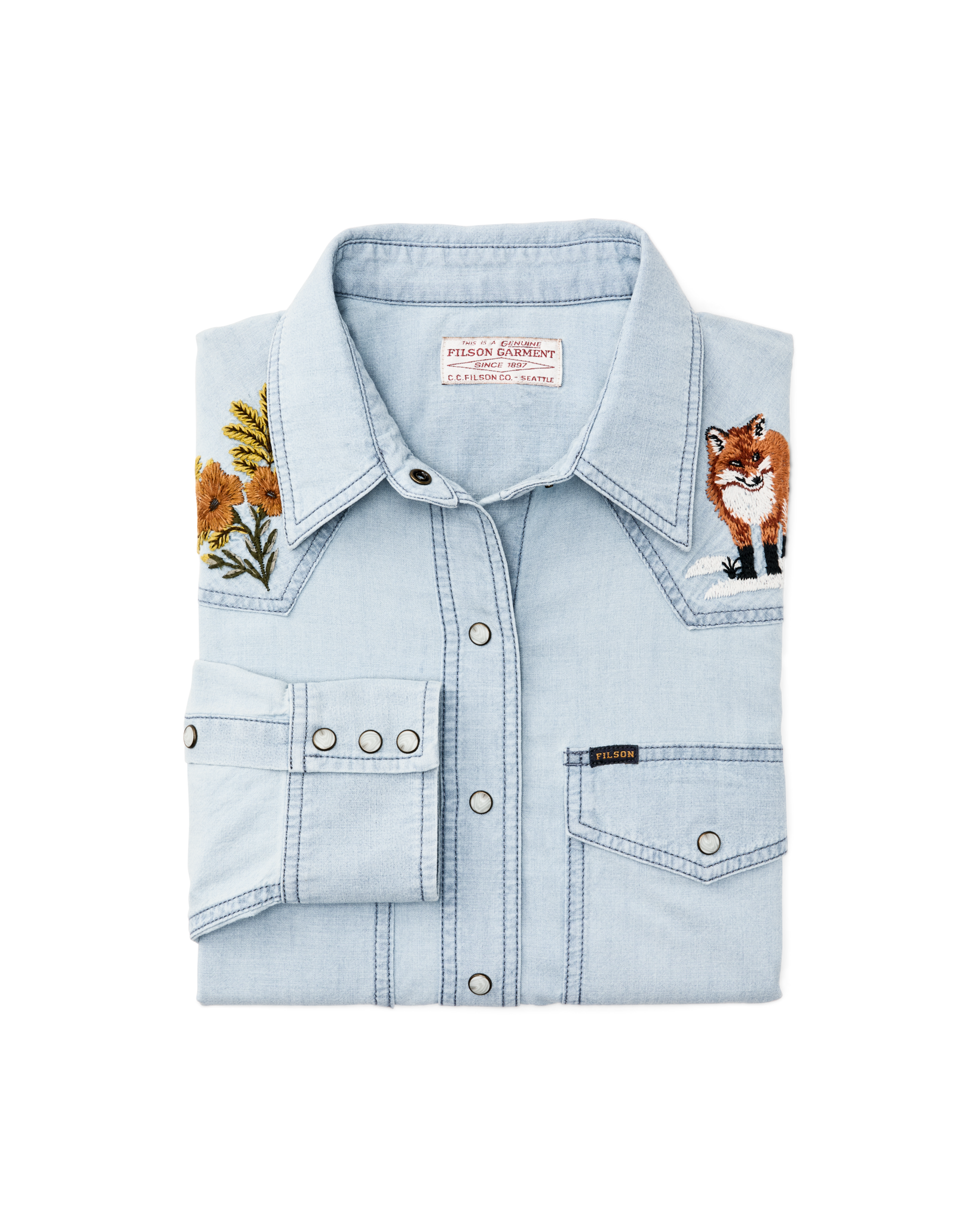 Women's Embroidered Western Shirt - Light Indigo Chambray / Fields