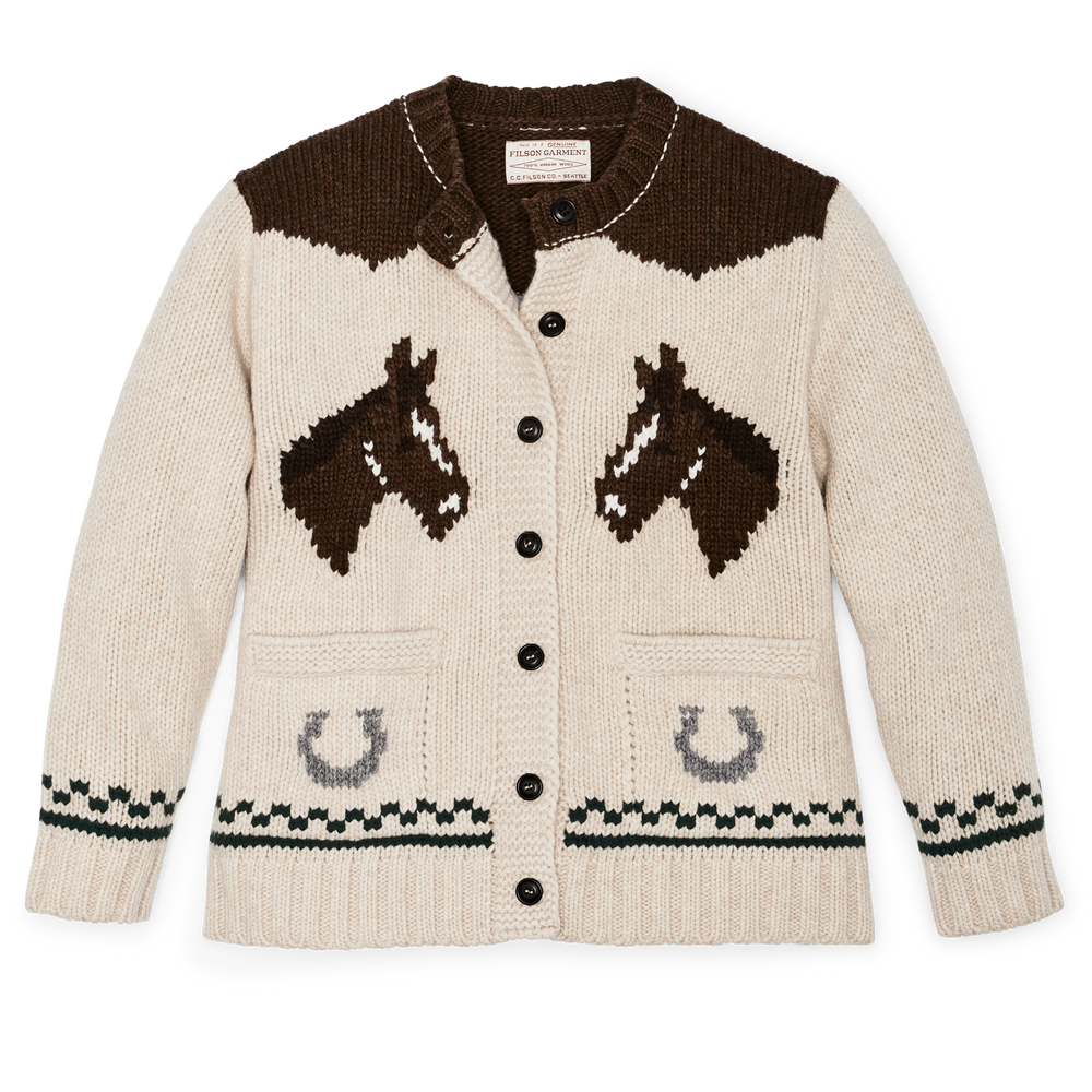 Front-facing image of the Filson Women's Wool Cardigan - Cream / Horse