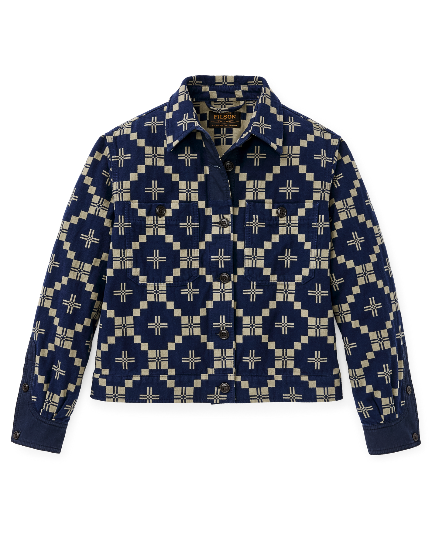 Front-facing image of the Filson Women's Colchuck Short Jacket - Navy / Sage Jacquard