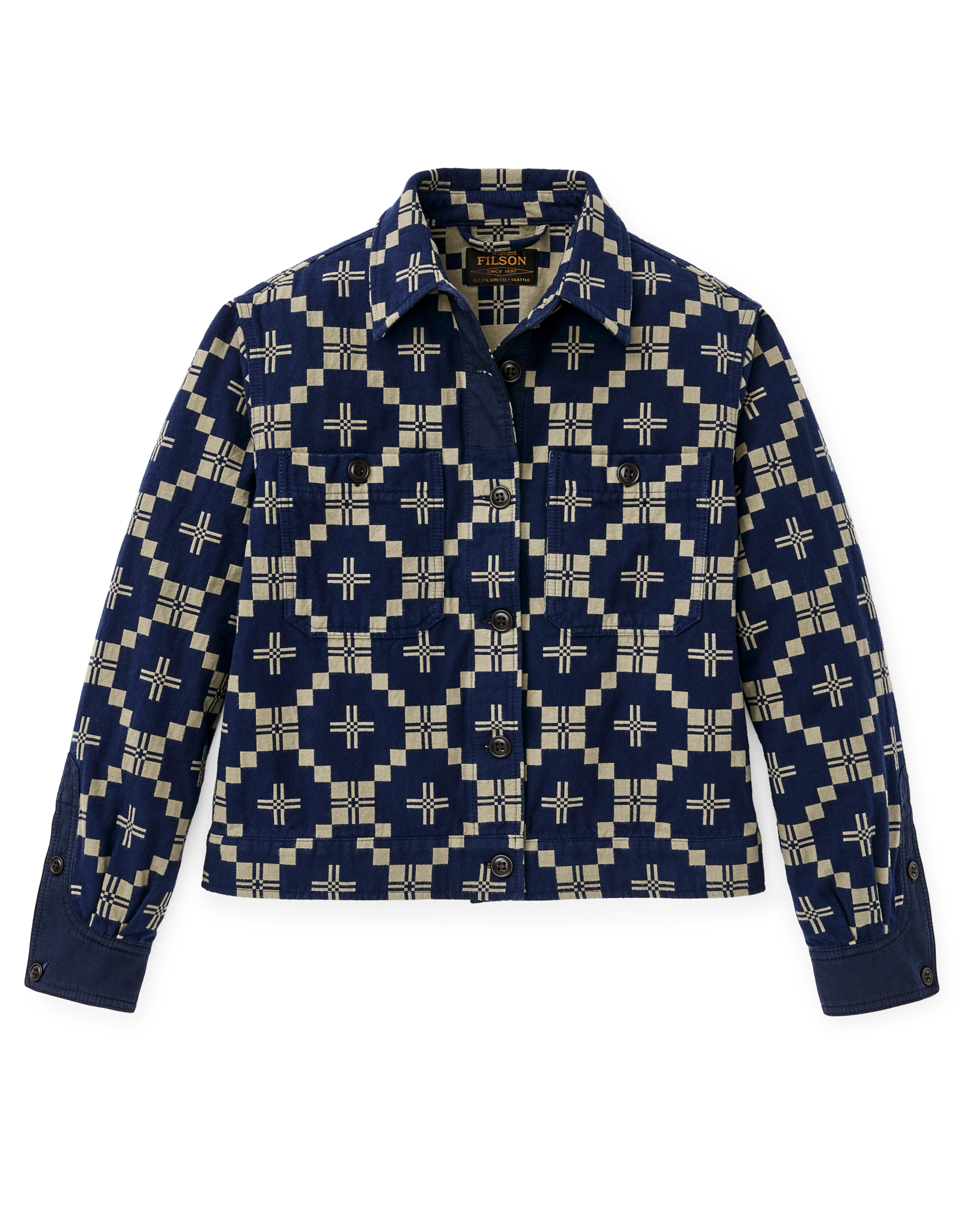 Front-facing image of the Filson Women's Colchuck Short Jacket - Navy / Sage Jacquard