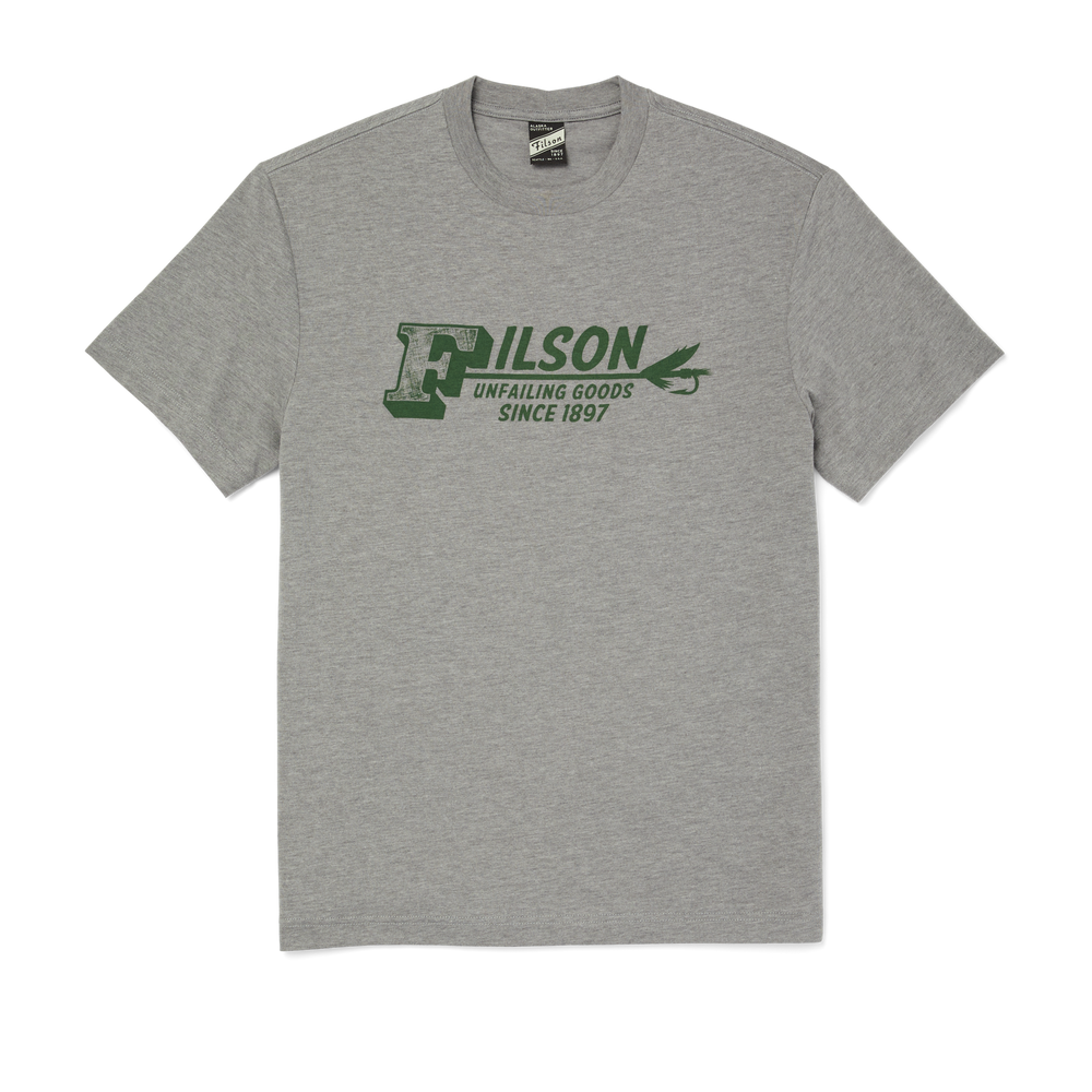 Front-facing image of the Filson Buckshot T-shirt - Heather Grey / Fly