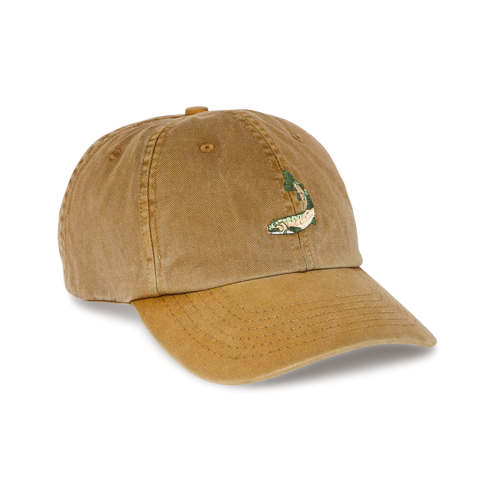 Front-facing image of the Filson Washed Low-profile Cap - Mustard / Fish