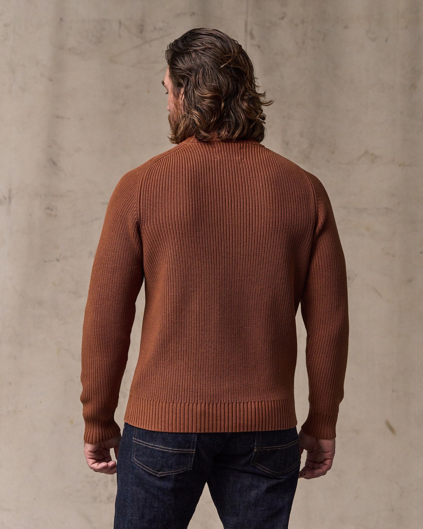 image of a model wearing Filson's Vintage Cotton Crewneck Sweater - Rust