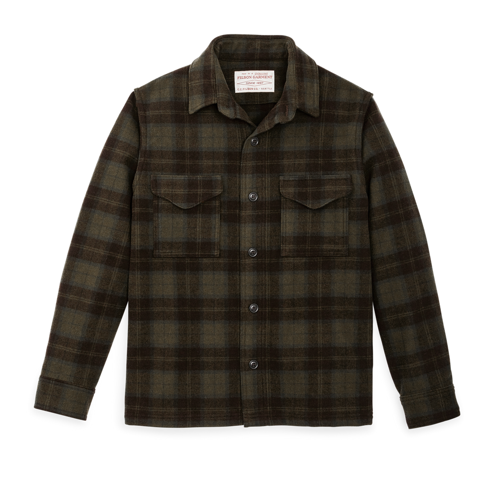 Front-facing image of the Filson Wool Jac-shirt - Olive / Brown Plaid