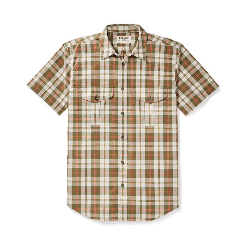 Filson's Short Sleeve Feather Cloth Shirt - Olive / Khaki / Chili Plaid