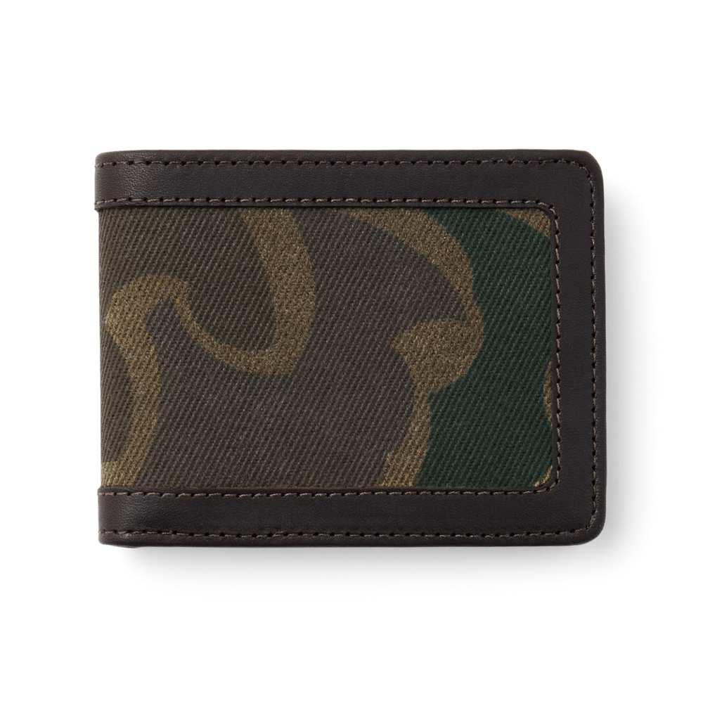Front-facing image of the Filson Waxed Rugged Twill Outfitter Wallet - Dark Wax Shrub Camo