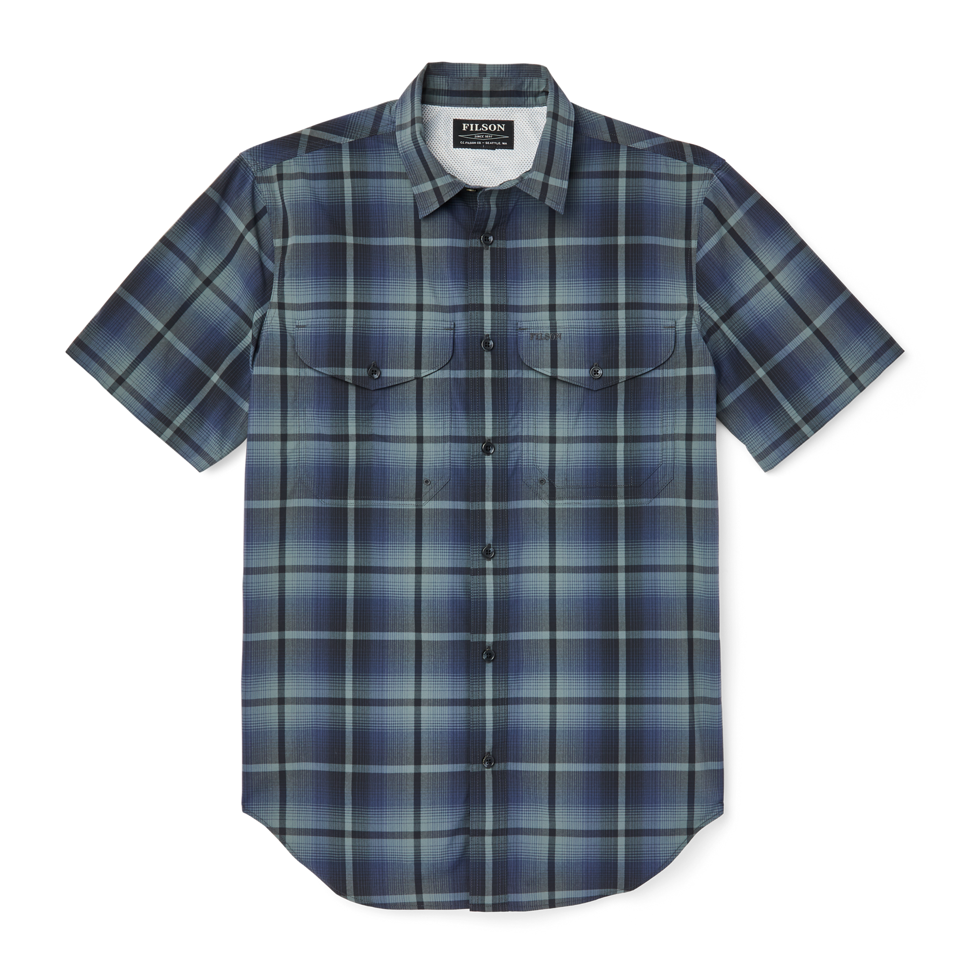 Front-facing image of the Filson Twin Lakes Short Sleeve Sport Shirt - Navy/grey Plaid