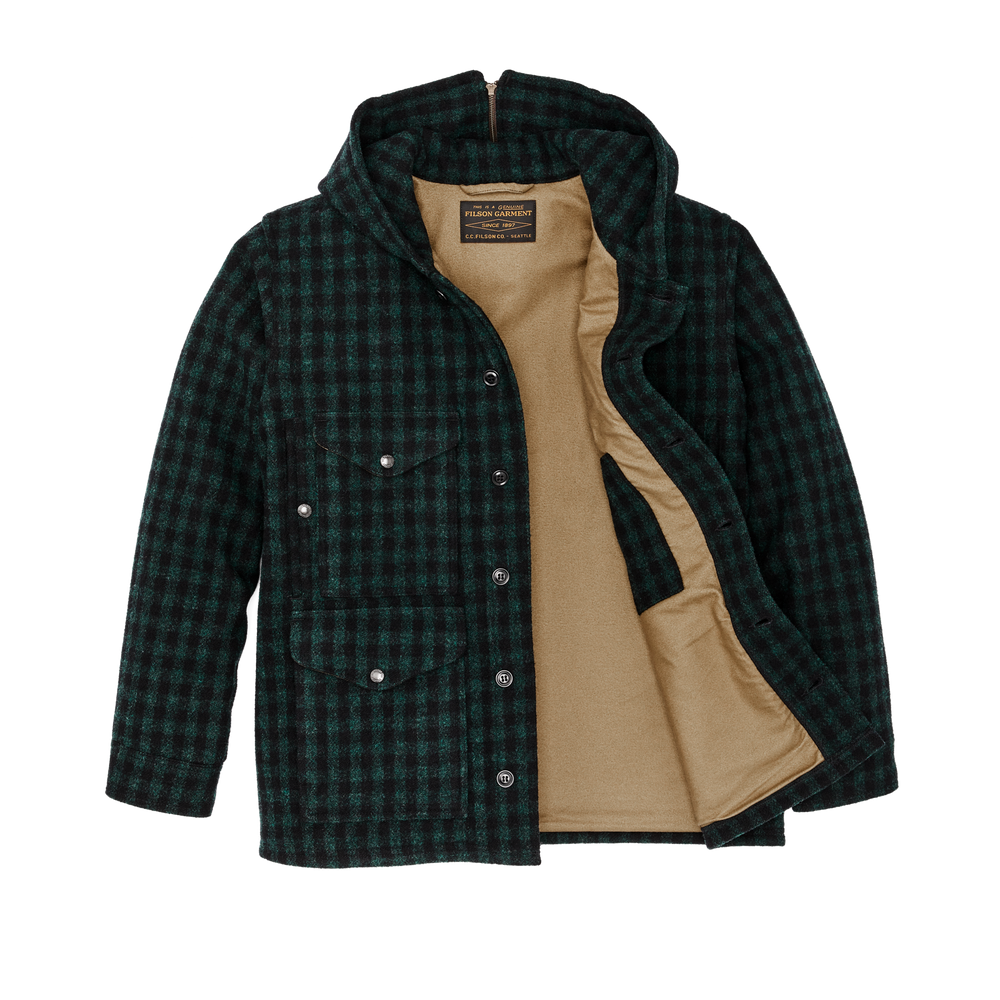 Alternate view of the Filson Mackinaw Wool Hooded Cruiser Jacket - Dark Timber / Black Check
