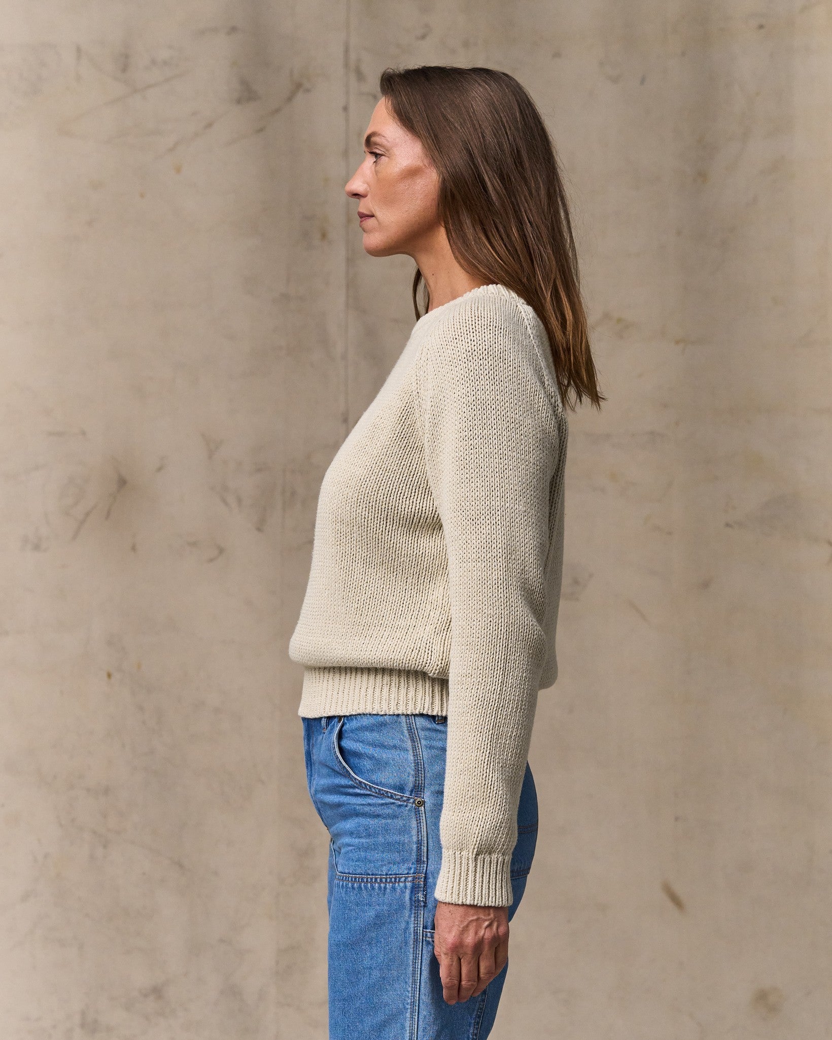 image of a model wearing Filson's Women's Cotton Crewneck Sweater - Natural