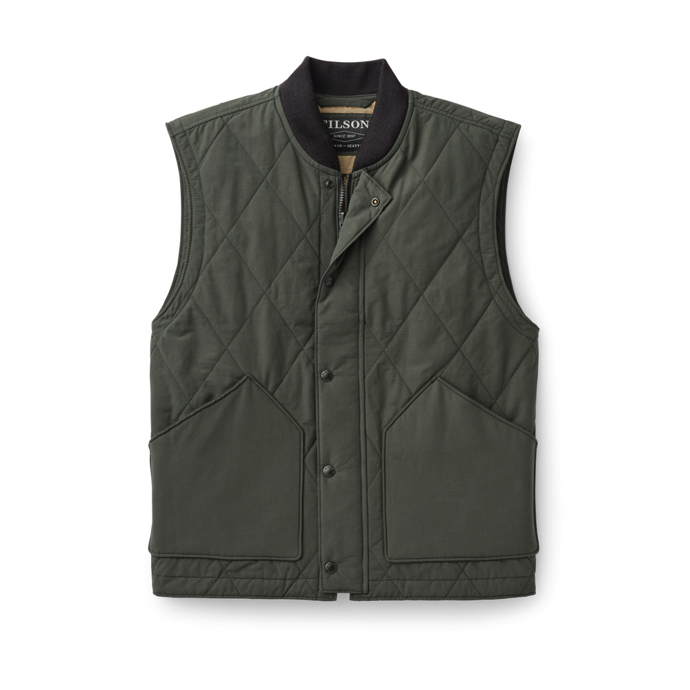 Front-facing image of the Filson Quilted Pack Vest - Dark Otter Green