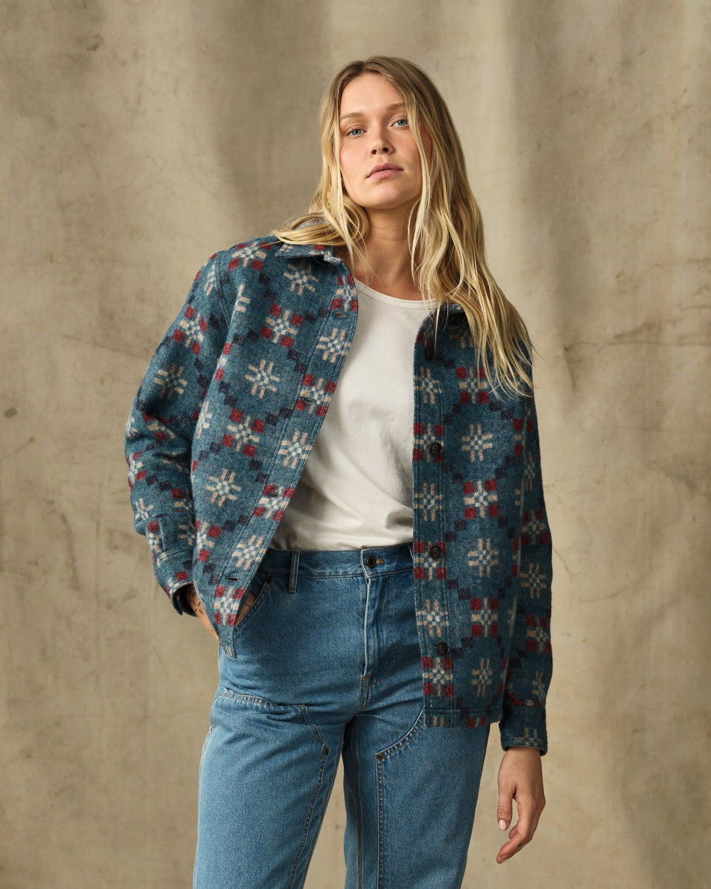 image of a model wearing Filson's Women's Wool Overshirt - Turquoise Multicolor