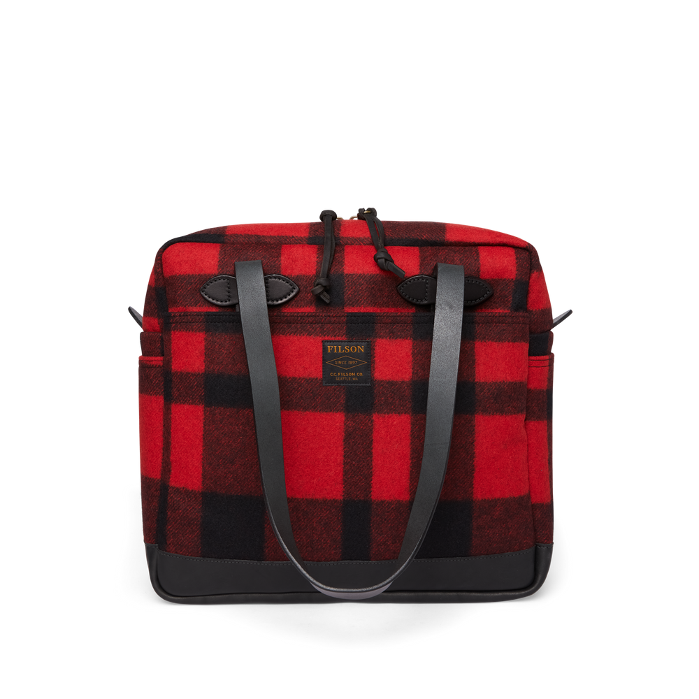 Front-facing image of the Filson Mackinaw Wool Tote Bag - Red / Black Plaid
