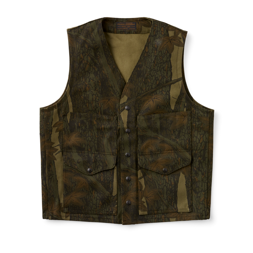 Front-facing image of the Filson Rugged Twill Cruiser Vest - Maple Bark Camo