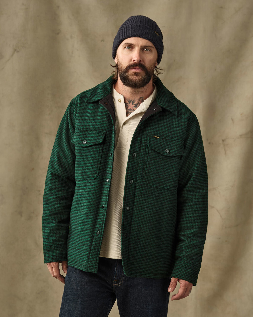 image of a model wearing Filson's Spokane Insulated Jac-Shirt - Green / Black Plaid