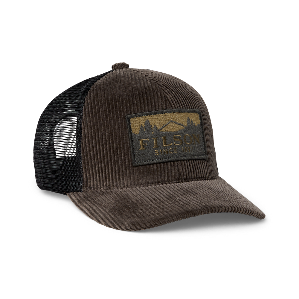 Front-facing image of the Filson Mesh Logger Cap - Dark Brown / Scenic
