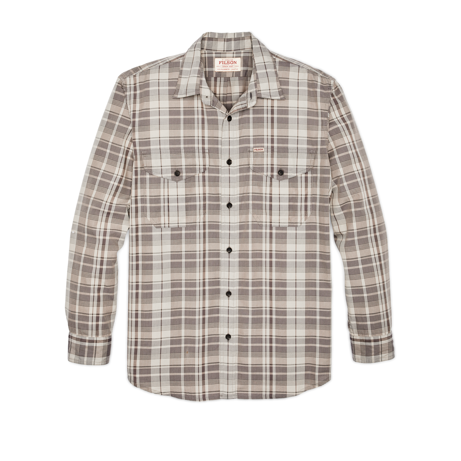 Front-facing image of the Filson Filson's Washed Feather Cloth Shirt - Light Brown / Natural Plaid