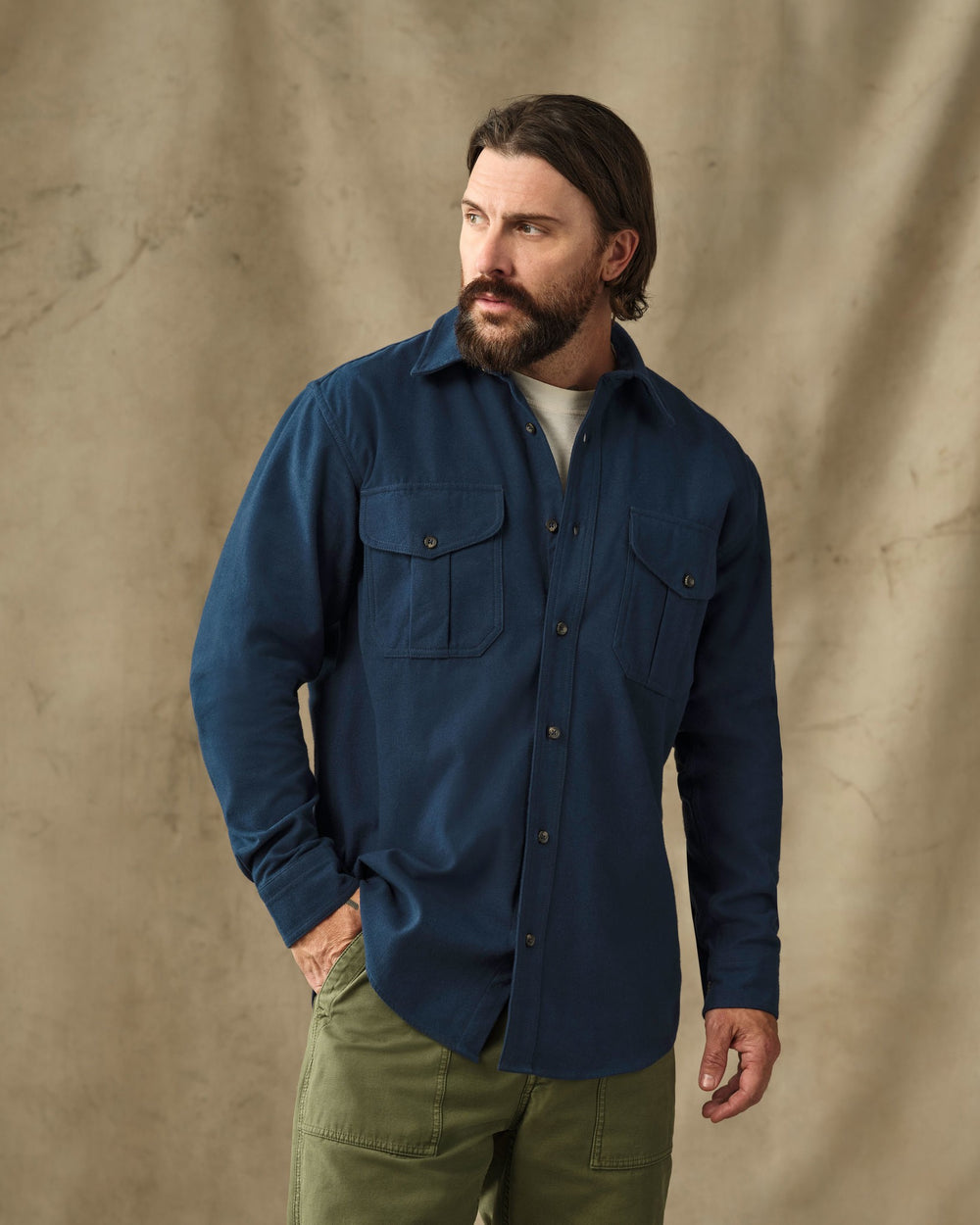 image of a model wearing Filson's Moleskin Guide Shirt - Service Blue