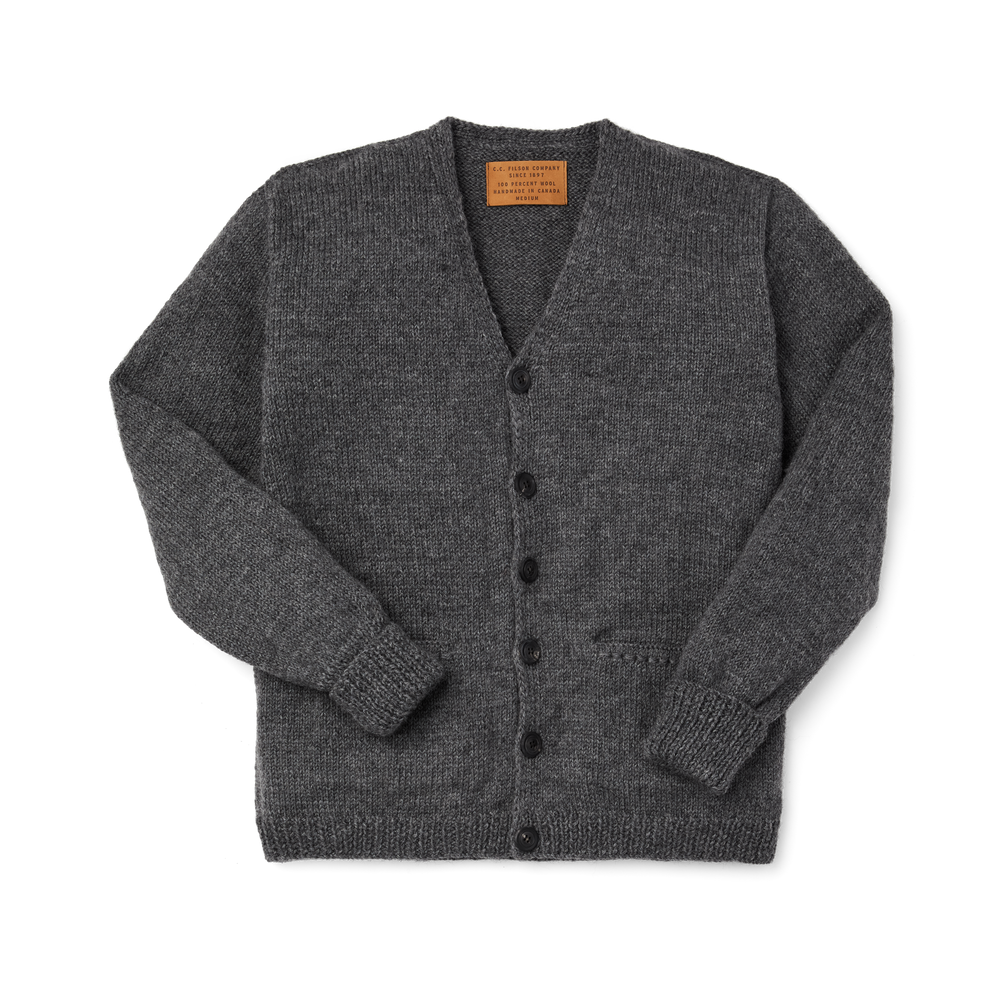 Front-facing image of the Filson Handmade Lightweight Mckinley Cardigan  - Dark Heather Gray