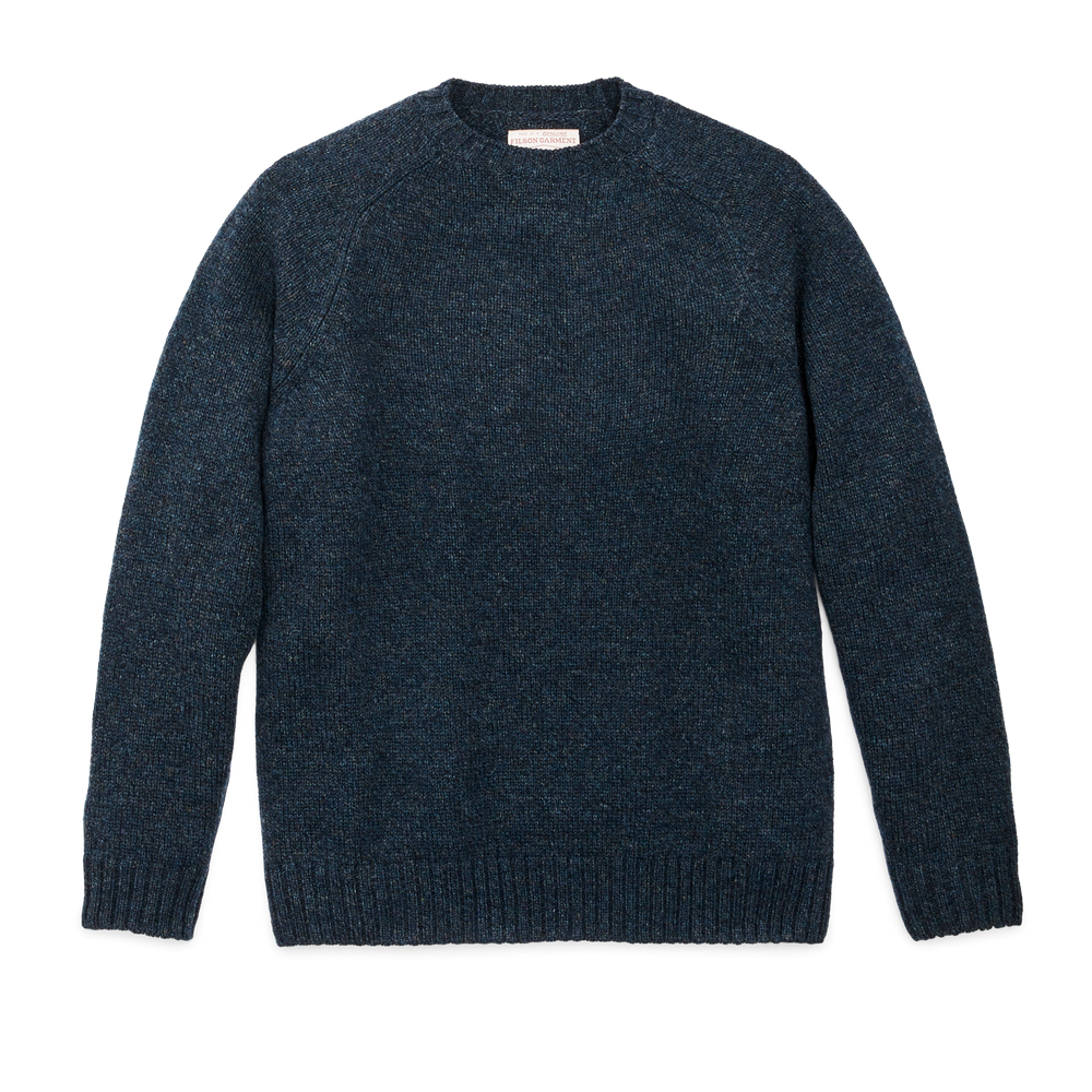 Front-facing image of the Filson Heritage 5-gauge Wool Sweater - Blue / Green Melange