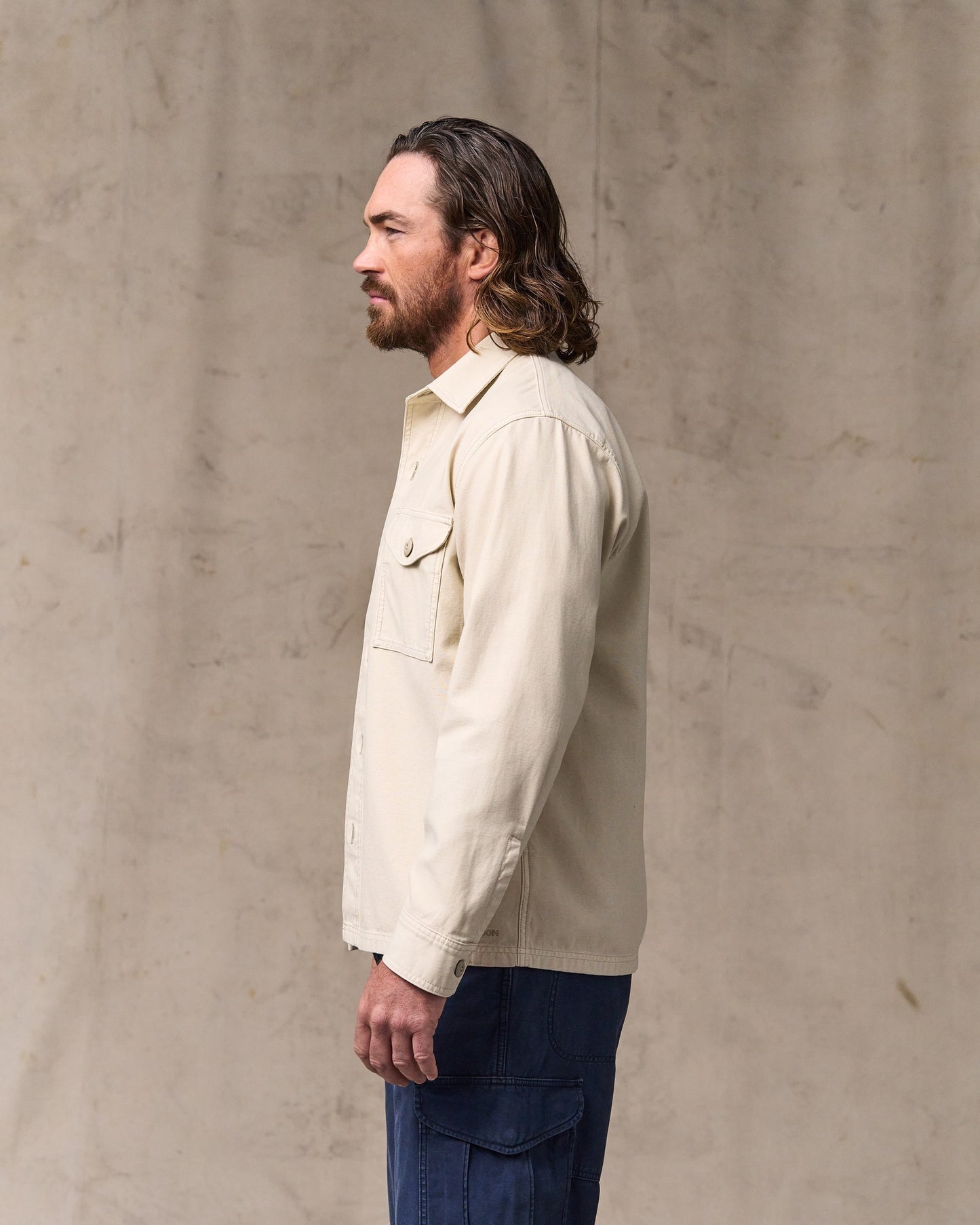 image of a model wearing Filson's Field Jac-shirt - Washed Oatmeal