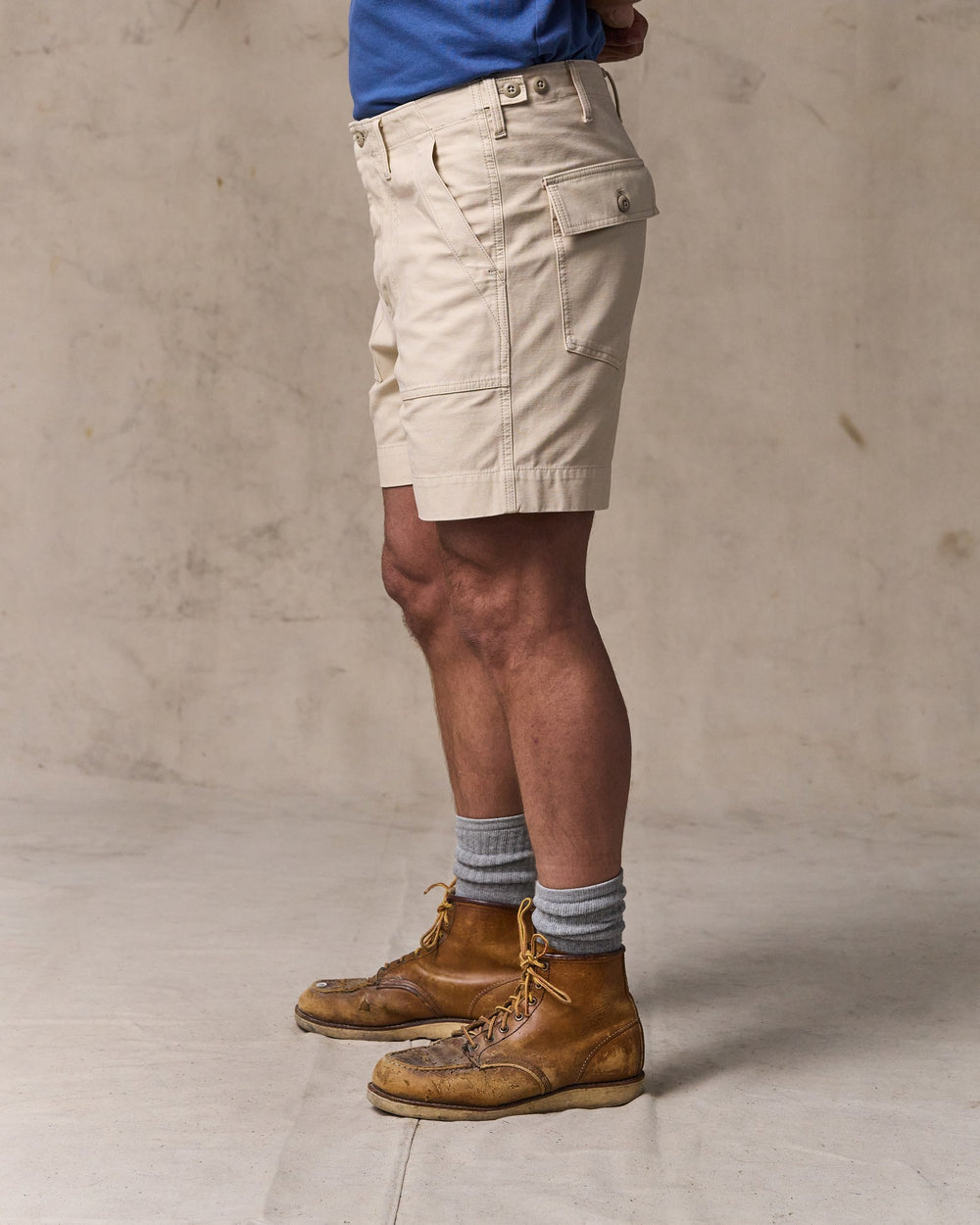 image of a model wearing Filson's Field Supply Shorts - Washed Oatmeal