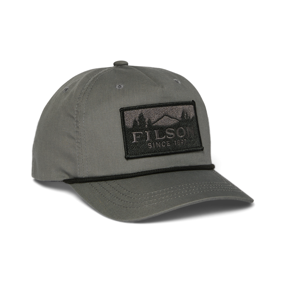 Front-facing image of the Filson Rope Trucker Cap - Charcoal / Scenic Patch