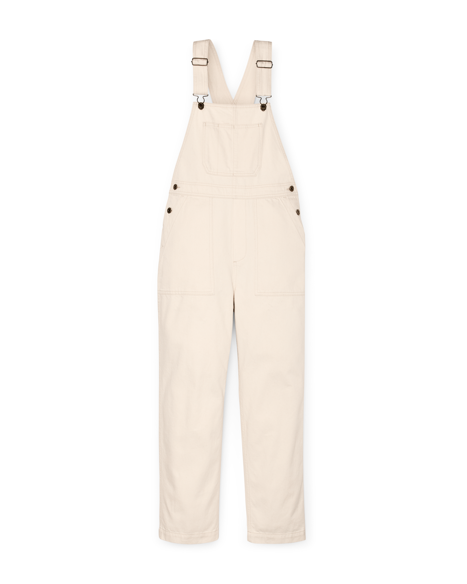 Front-facing image of the Filson Women's Denim Overalls - Natural Seed