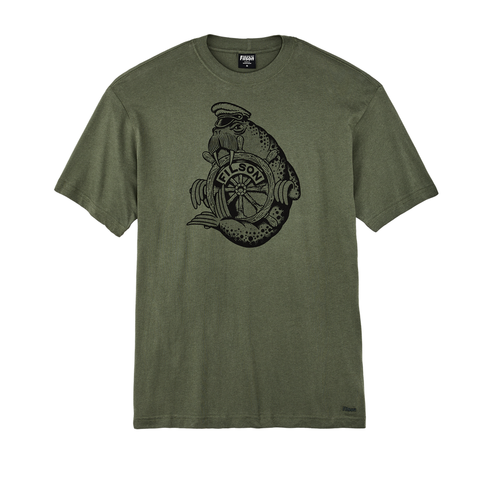 Front-facing image of the Filson Ranger Graphic T-shirt - Service Green / Walrus