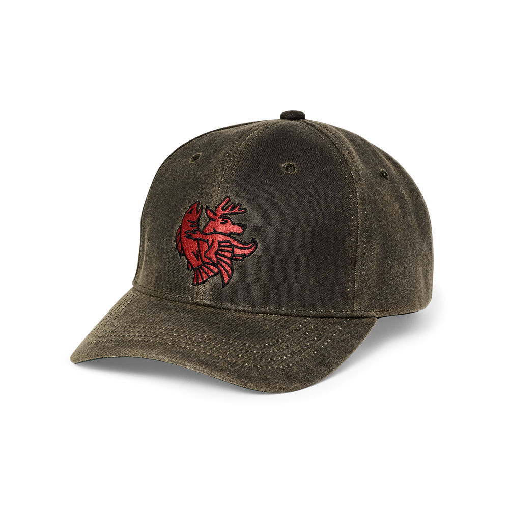 Front-facing image of the Filson Oil Tin Logger Cap - Otter Green / Deco Sportsman