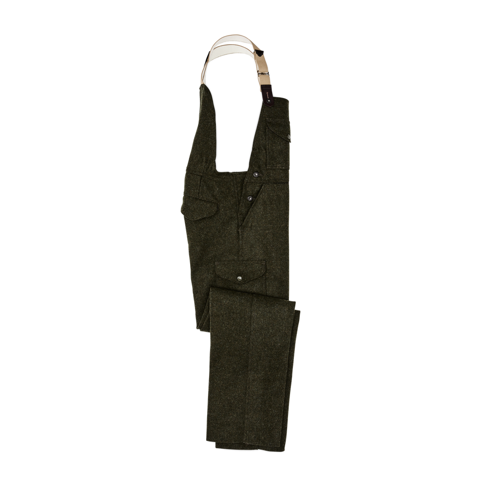 Front-facing image of the Filson Mackinaw Wool Bibs - Forest Green