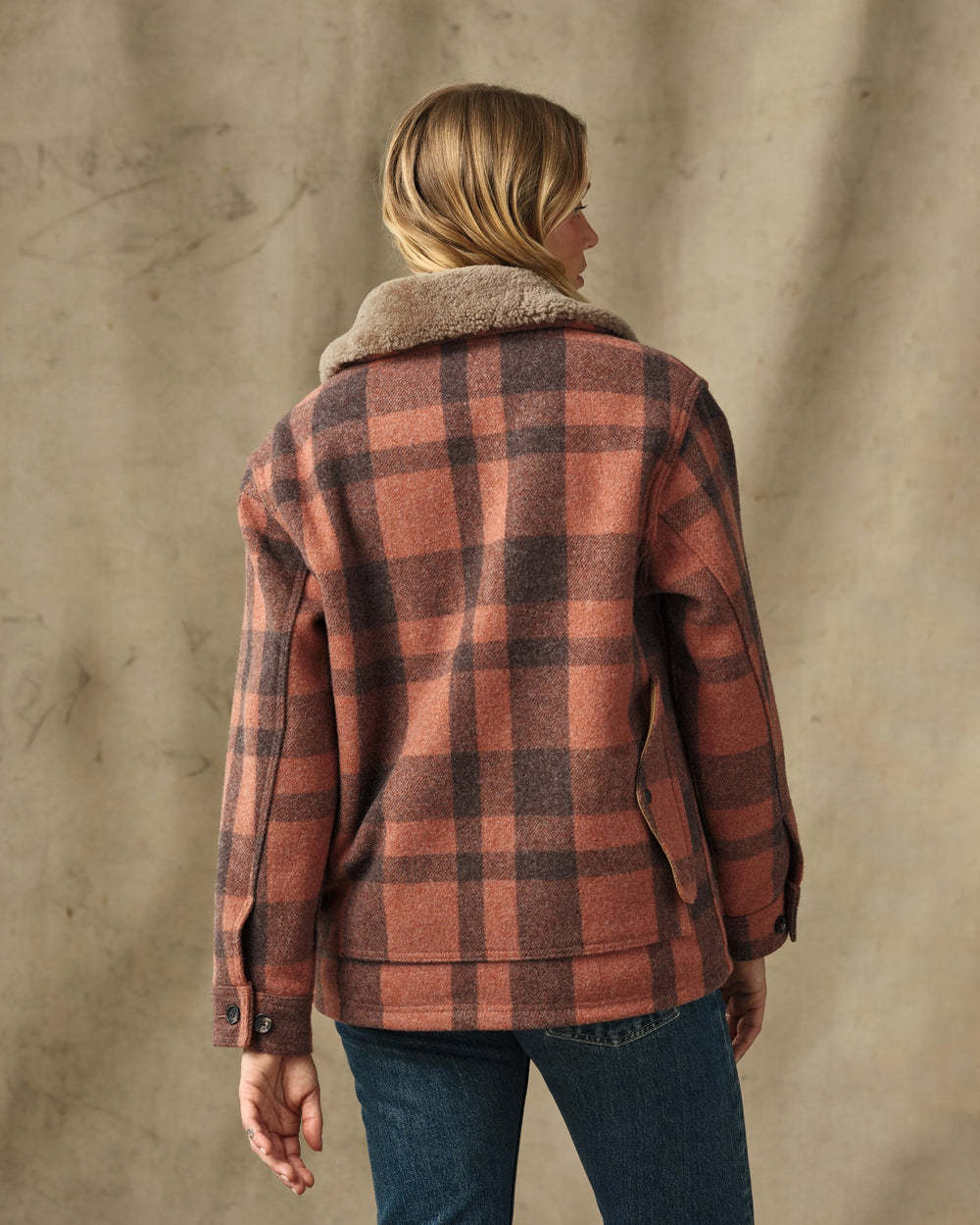 Women's Mackinaw Wool Shearling Cruiser Jacket - Rusty Pink / Dark Brown Plaid