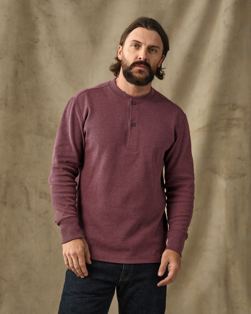 image of a model wearing Filson's Waffle Knit Henley - Dark Port Heather