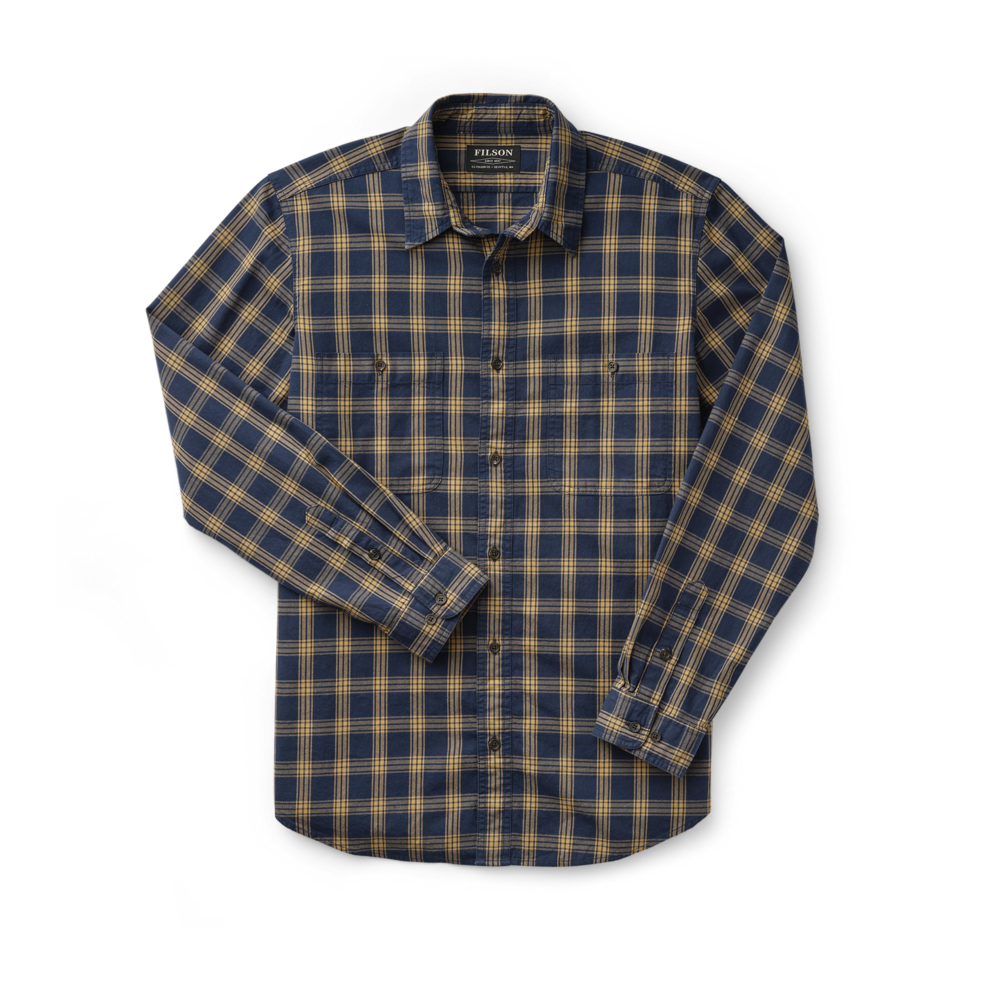 Front-facing image of the Filson Wildwood Shirt - Bronze/navy Plaid