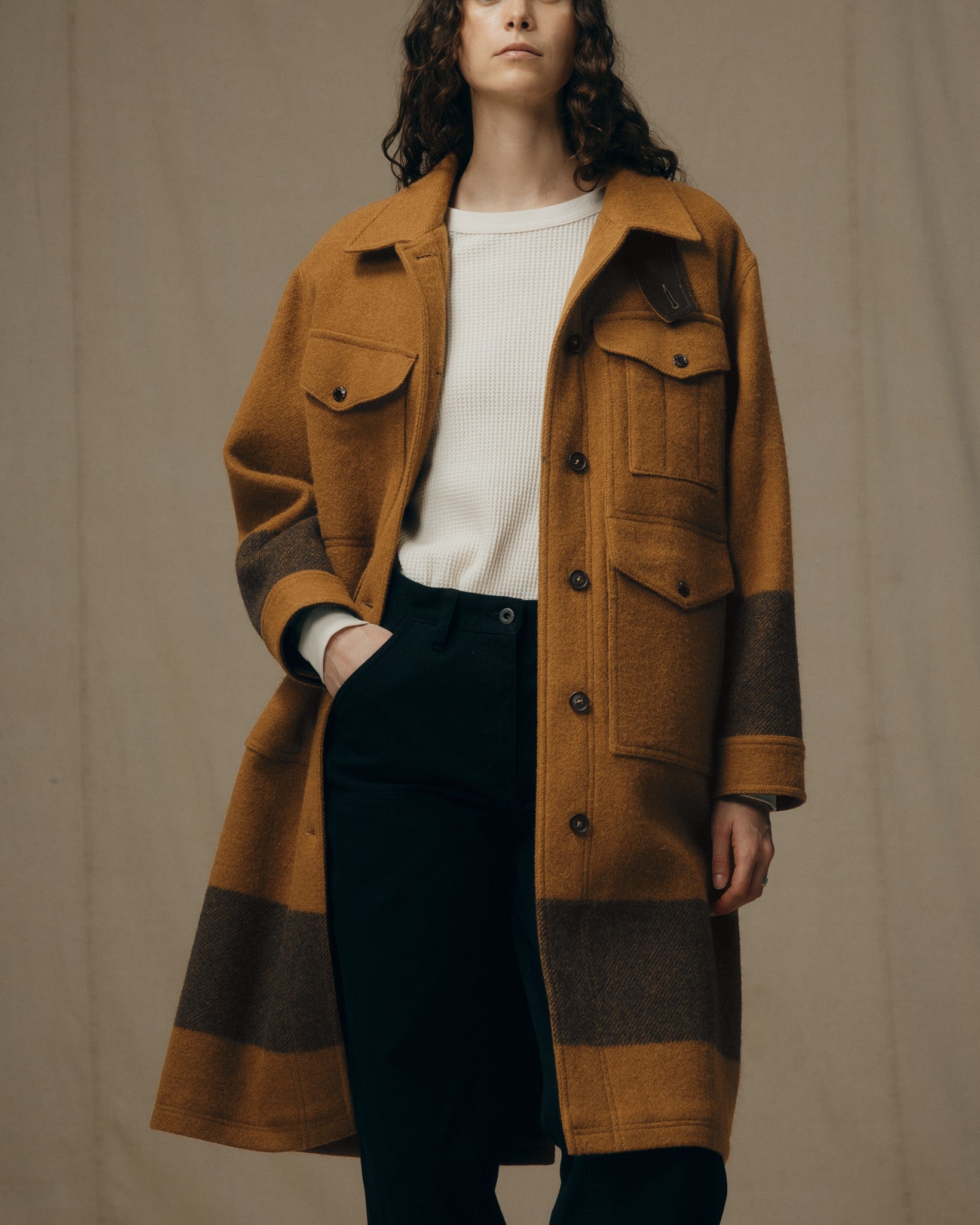 Women's Wool Long Cruiser Coat - Whiskey / Black Stripe | Filson