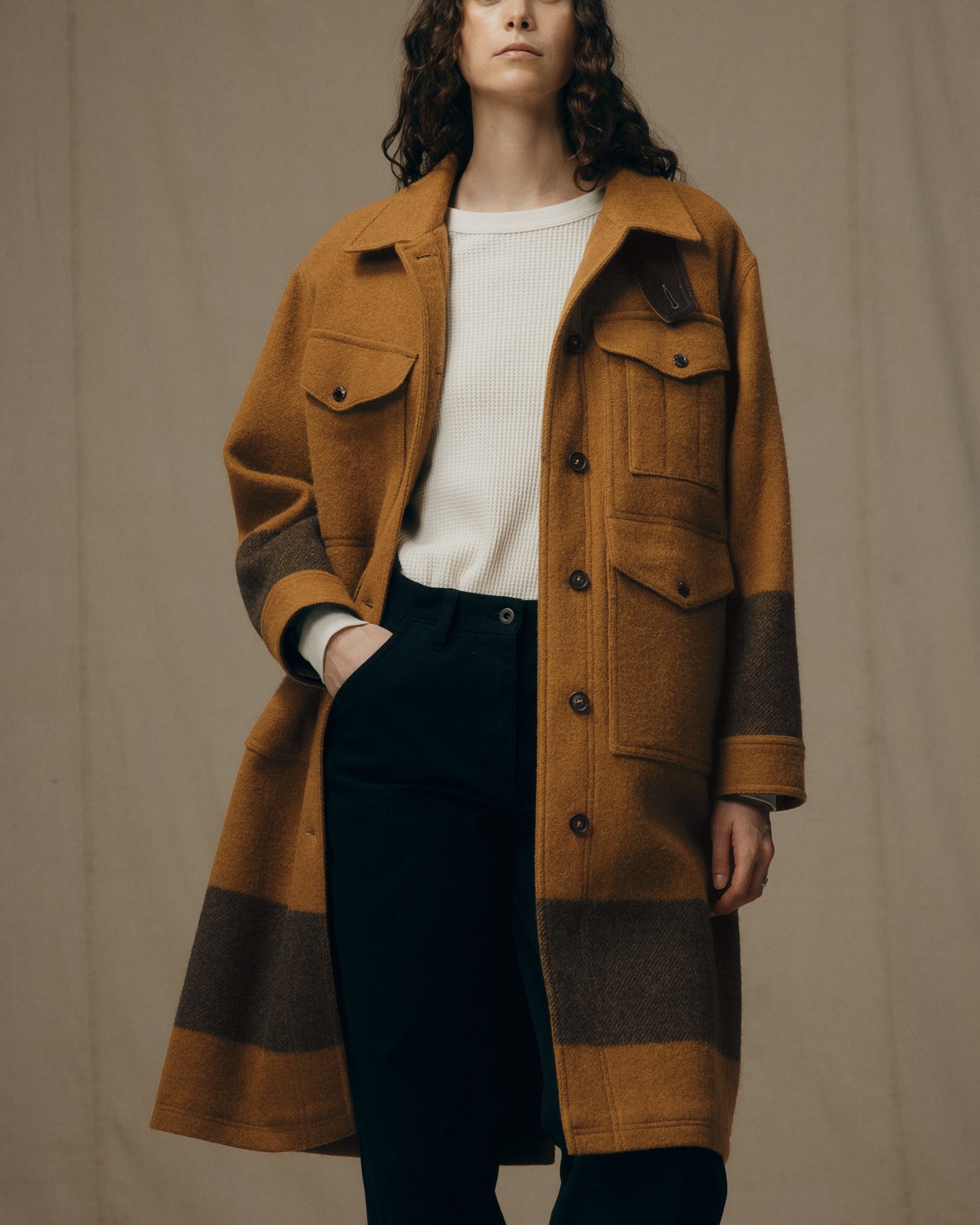 Women's Wool Long Cruiser Coat - Whiskey / Black Stripe
