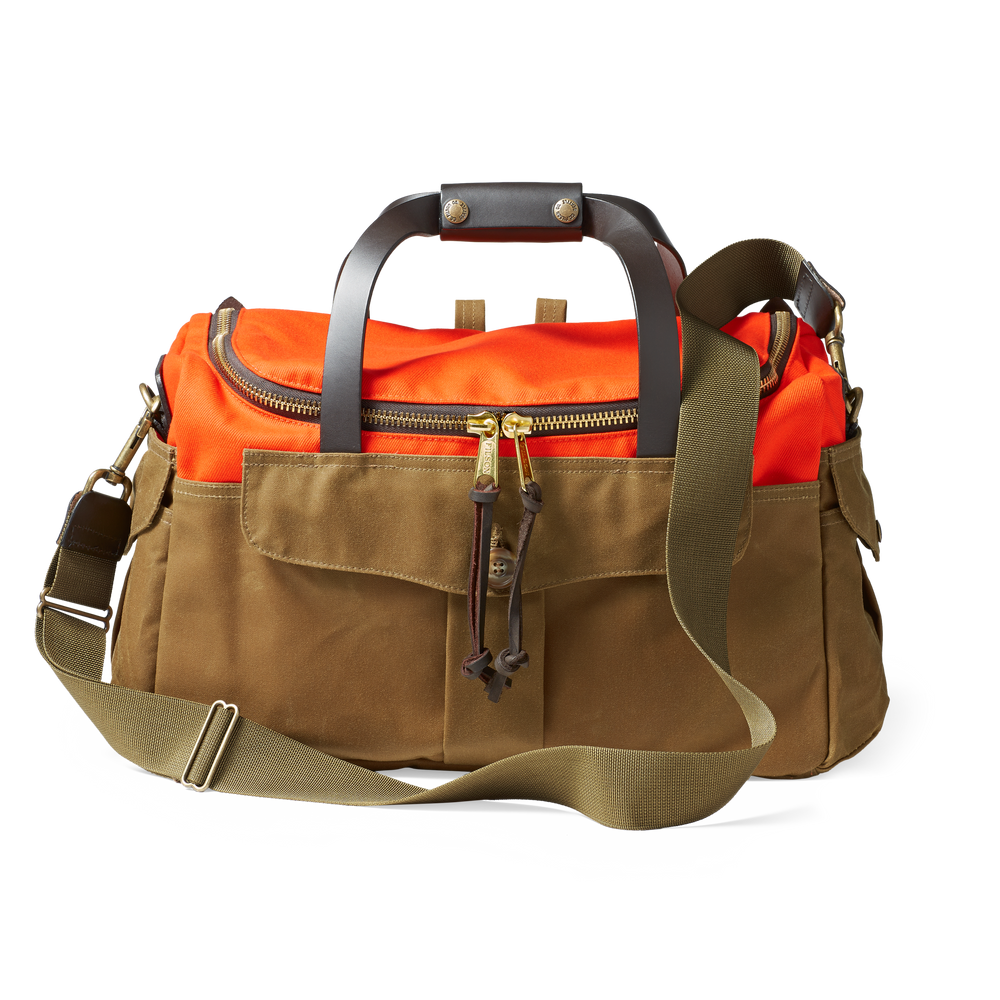Front-facing image of the Filson Heritage Sportsman Bag - Orange/ Dark Tan