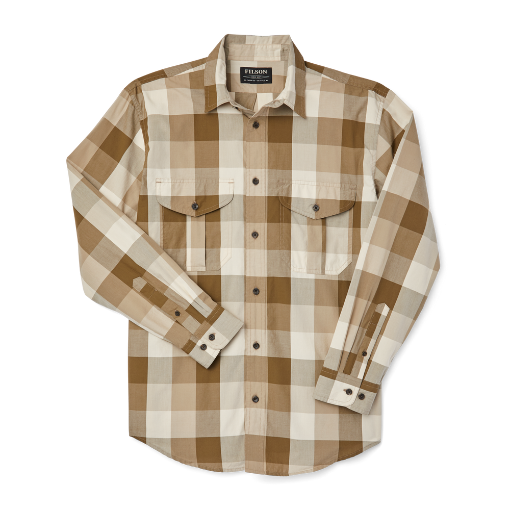Front-facing image of the Filson Filson's Feather Cloth Shirt - Tan/olive/khaki Plaid