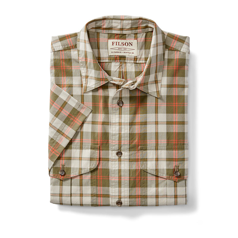 Filson's Short Sleeve Feather Cloth Shirt - Olive / Khaki / Chili Plaid