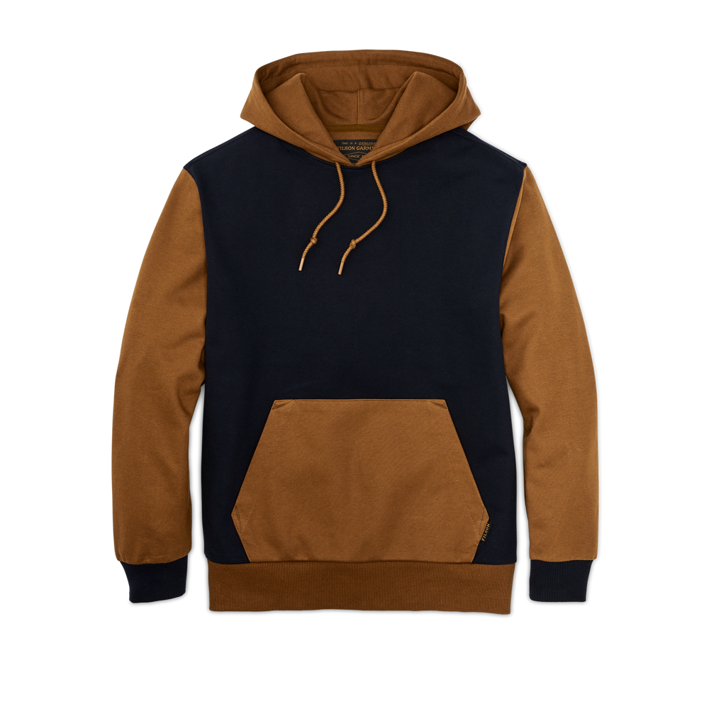 Front-facing image of the Filson Prospector Hoodie - Navy / Whiskey