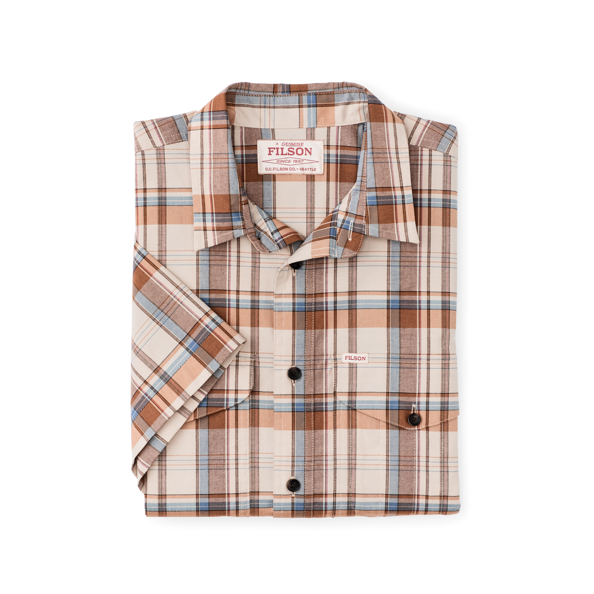 Alternate view of the Filson Twin Lakes Short Sleeve Sport Shirt - Beige / Rust Plaid