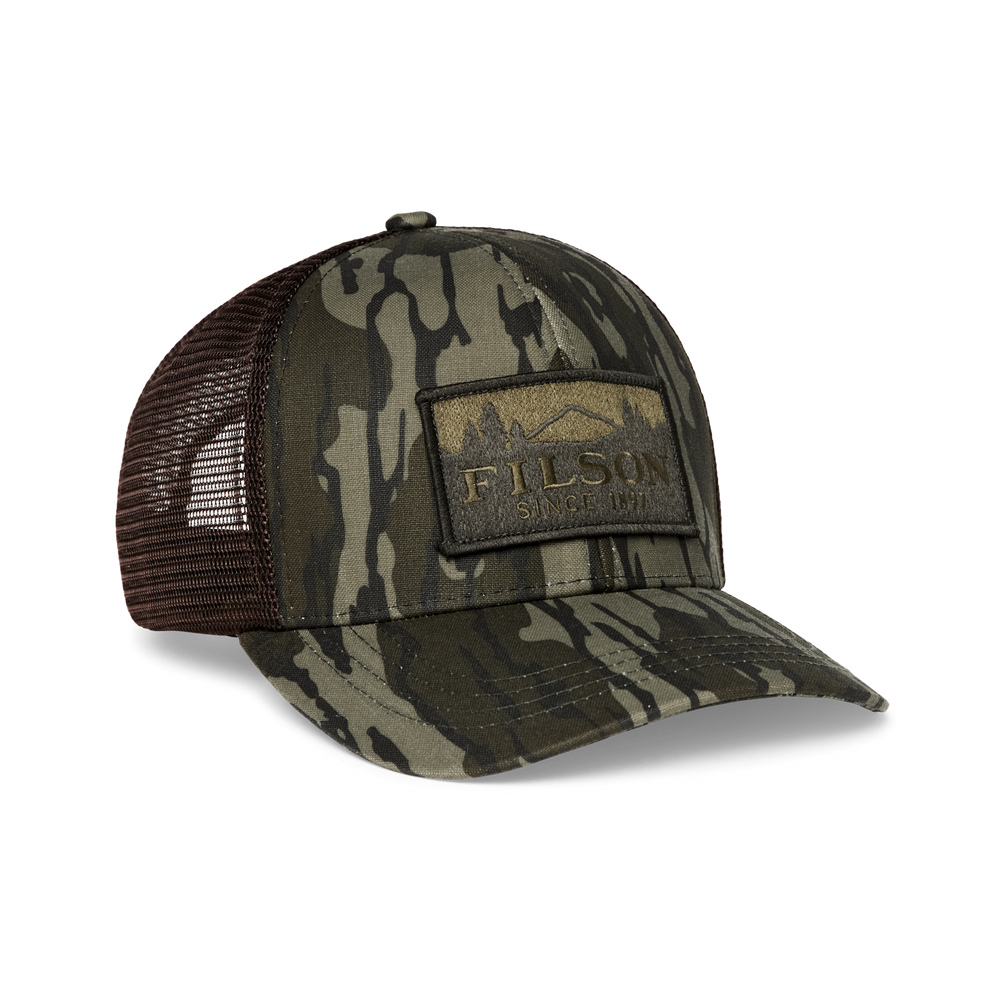 Front-facing image of the Filson Mesh Logger Cap - Mossy Oak Bottomland