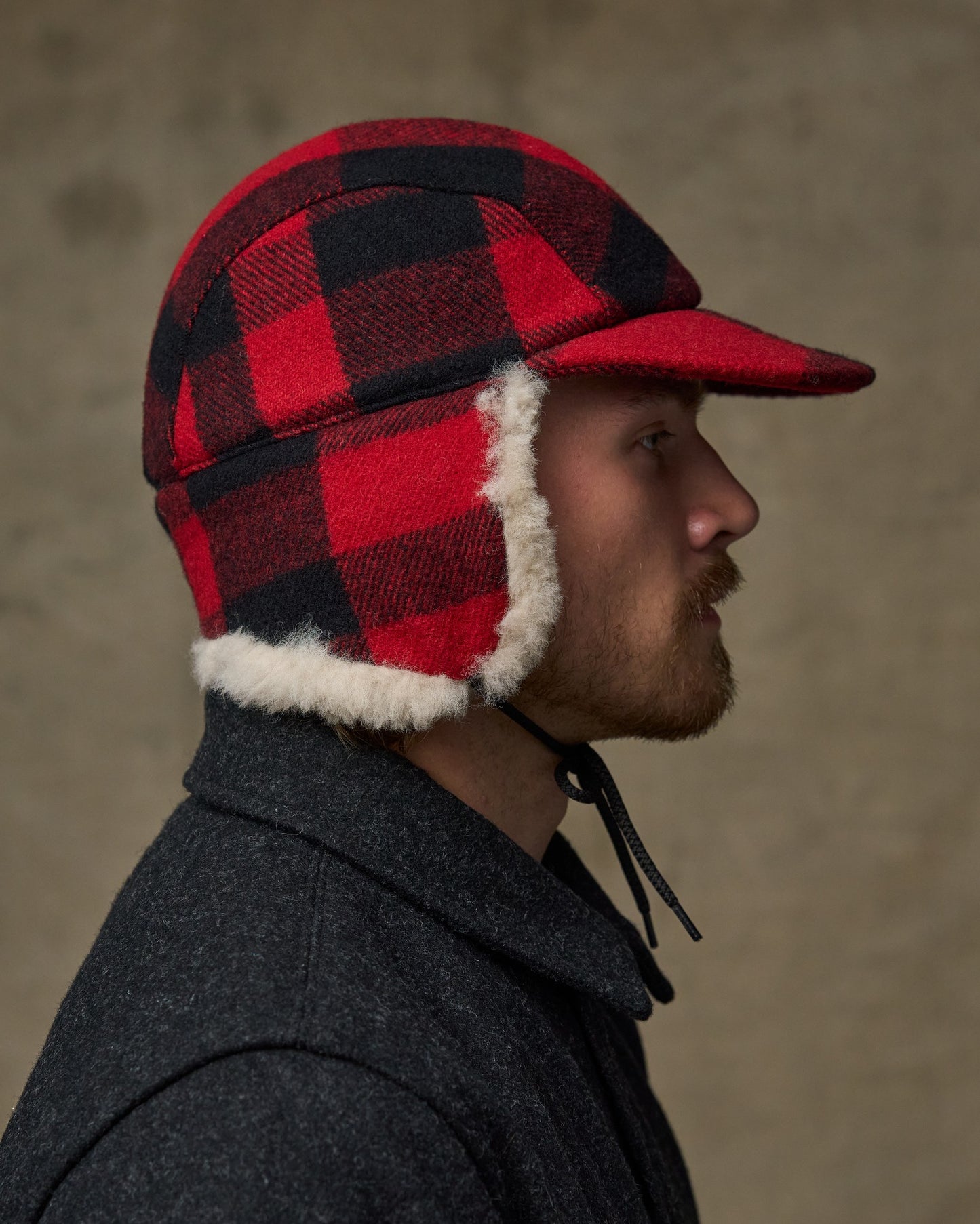 Double Mackinaw Wool Cap - Red Black Plaid/birch