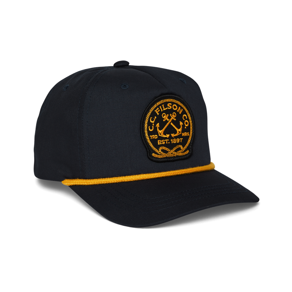 Front-facing image of the Filson Rope Trucker Cap - Navy / Anchors Patch