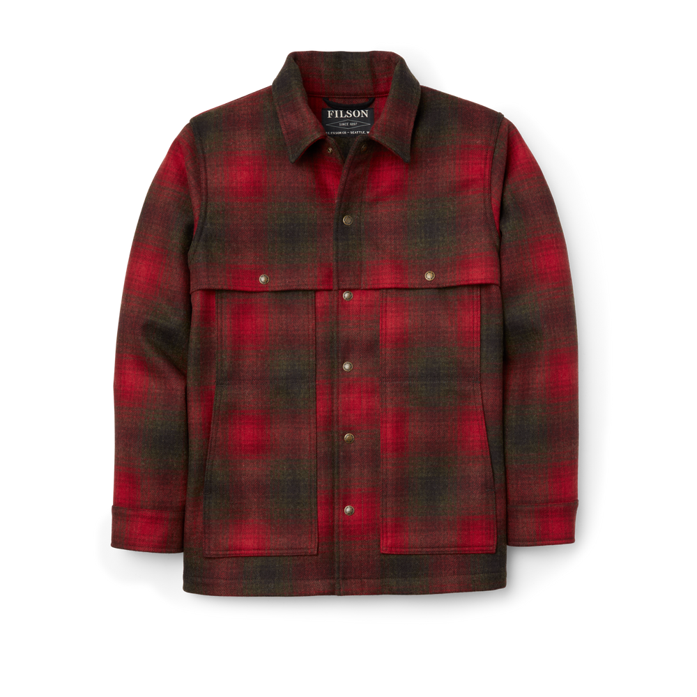 Front-facing image of the Filson Wool Cape Coat - Red / Green / Dark Brown Plaid