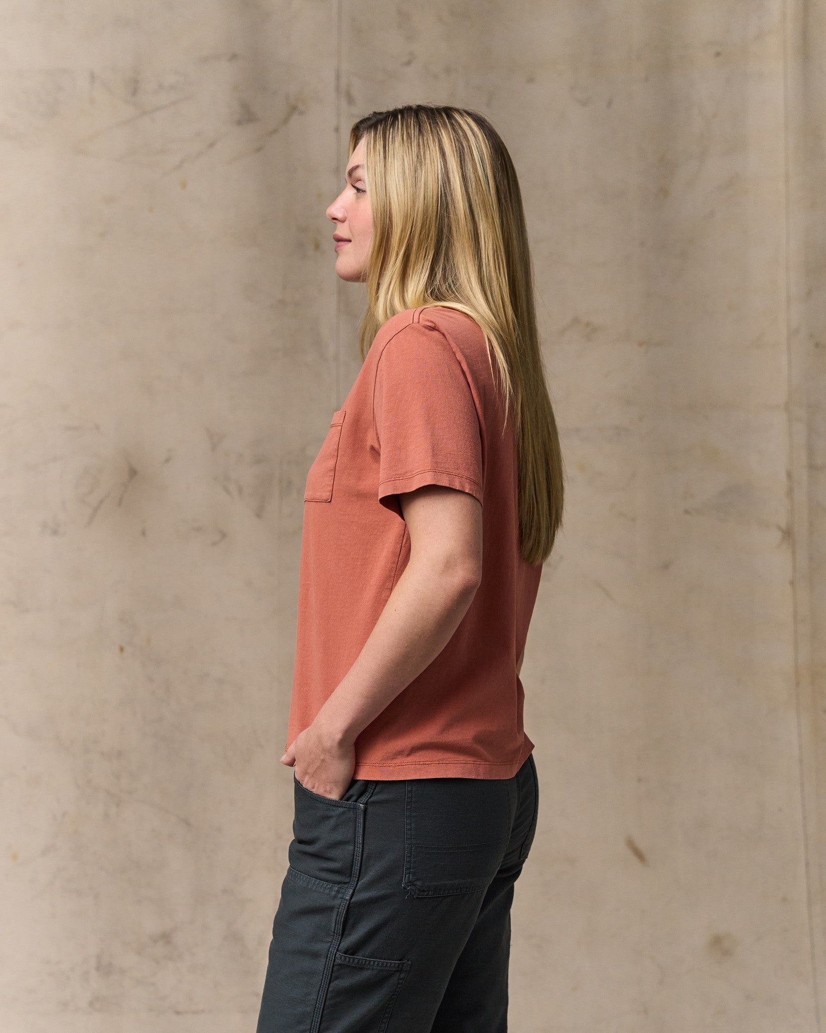 image of a model wearing Filson's Women's Short Sleeve Pocket Tee - Copper Brown