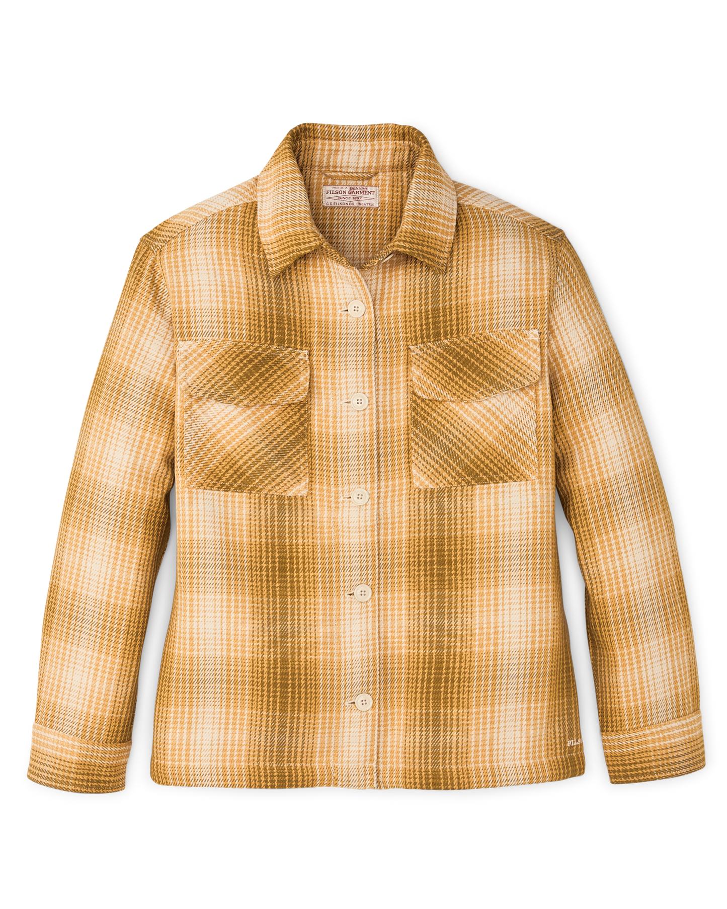 Front-facing image of the Filson Women's Deer Island Jac-shirt - Ochre / Cream Plaid